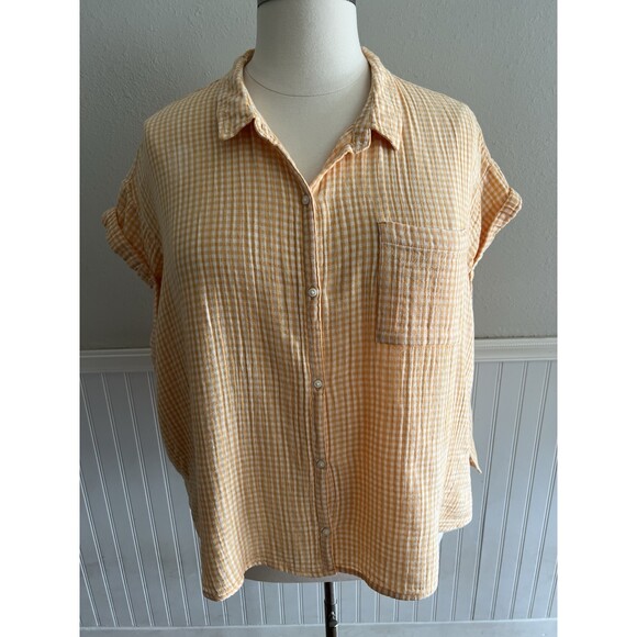 Old Navy Tops - Women's Short Sleeve Button Up Orange Gingham Check Cotton Gauze Boxy Slouchy 2X